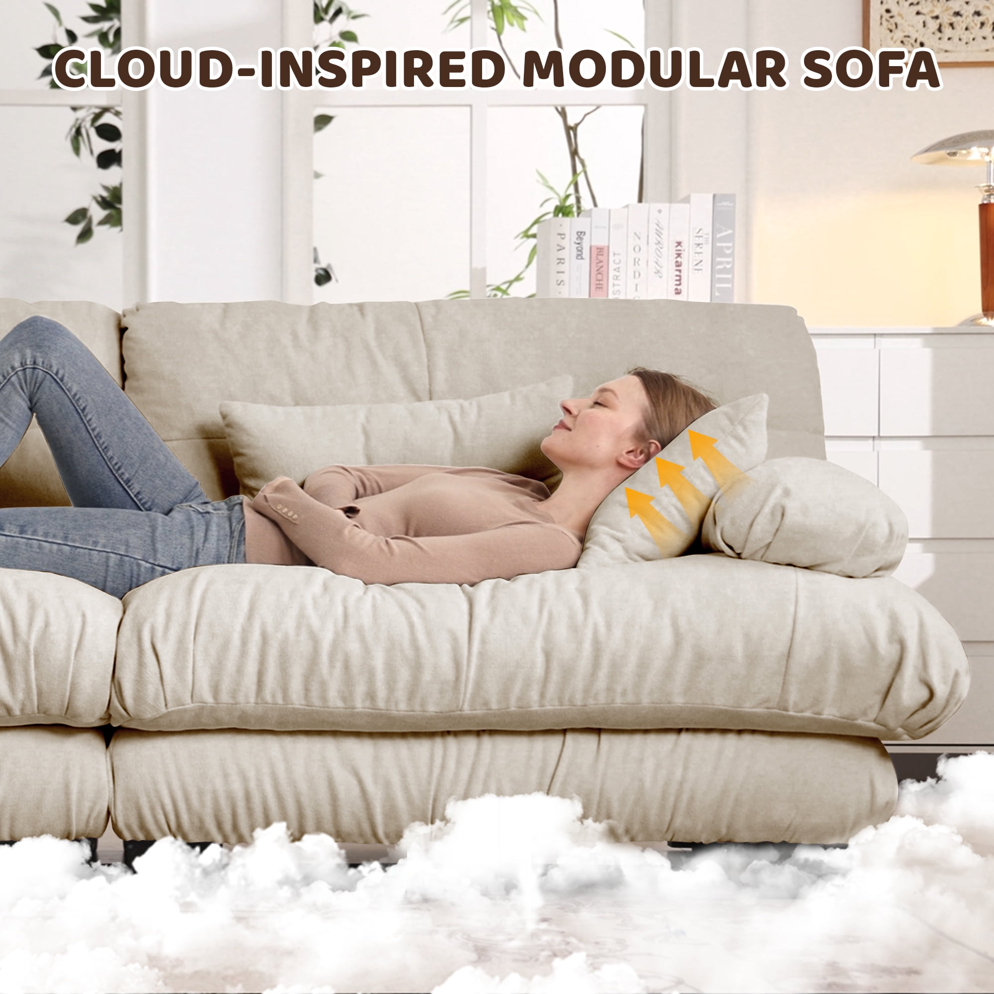 MAYEERTY 133.8in 3-Seater Chenille Sectional Sofa Modular Deep Seat Sofa Couch for Living Room, Apartment, Studio, Office, Light Coffee