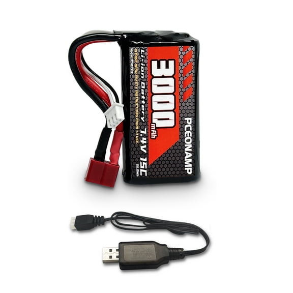 PCEONAMP 3000mAh 2S battery 7.4V Li-ion Battery Rechargeable RC Battery with T Plug Fit for Most 1/10, 1/12, 1/16 Scale RC Cars Truck and 4WD High Speed RC Cars  with USB charger (1pc)