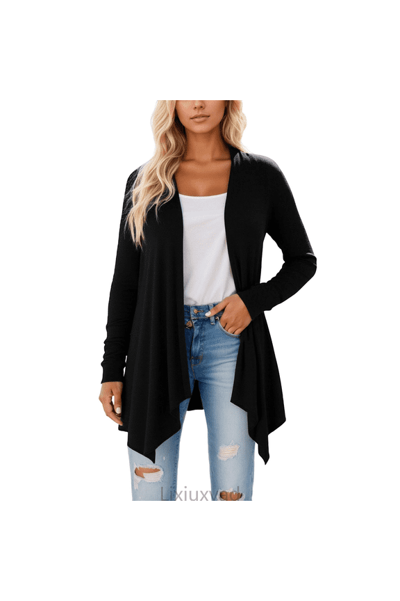 Womens Open Front Cardigan Women's Long Sleeve Cardigan Solid Color Open Front Knit Sweater Lightweight Fall Winter Outwear Casual Wear,Black