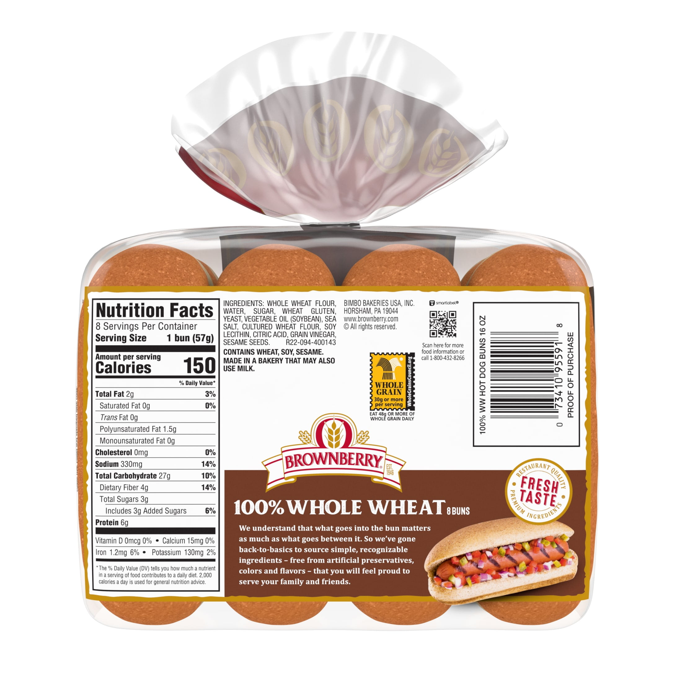Brownberry 100% Whole Wheat Hot Dog Buns, 8 count, 16 oz