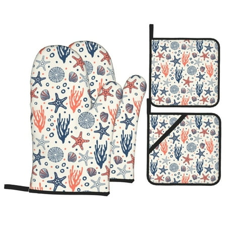

Oven Mitts and Pot Holders 4 pcs Set Starfish Shell Heat Resistant Non-Slip Pot Holders Oven Mitts for kitchen Hanging Loop Oven Glove Potholders for Cooking Baking