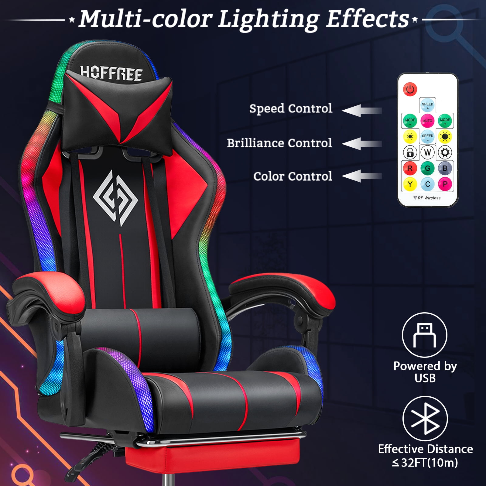 Hoffree Gaming Chair with Bluetooth Speakers and Footrest Massage Office Chair with LED Lights Ergonomic Game Chair High Back with Lumbar Support and Headrest Adjustable Swivel for Adults 300lb