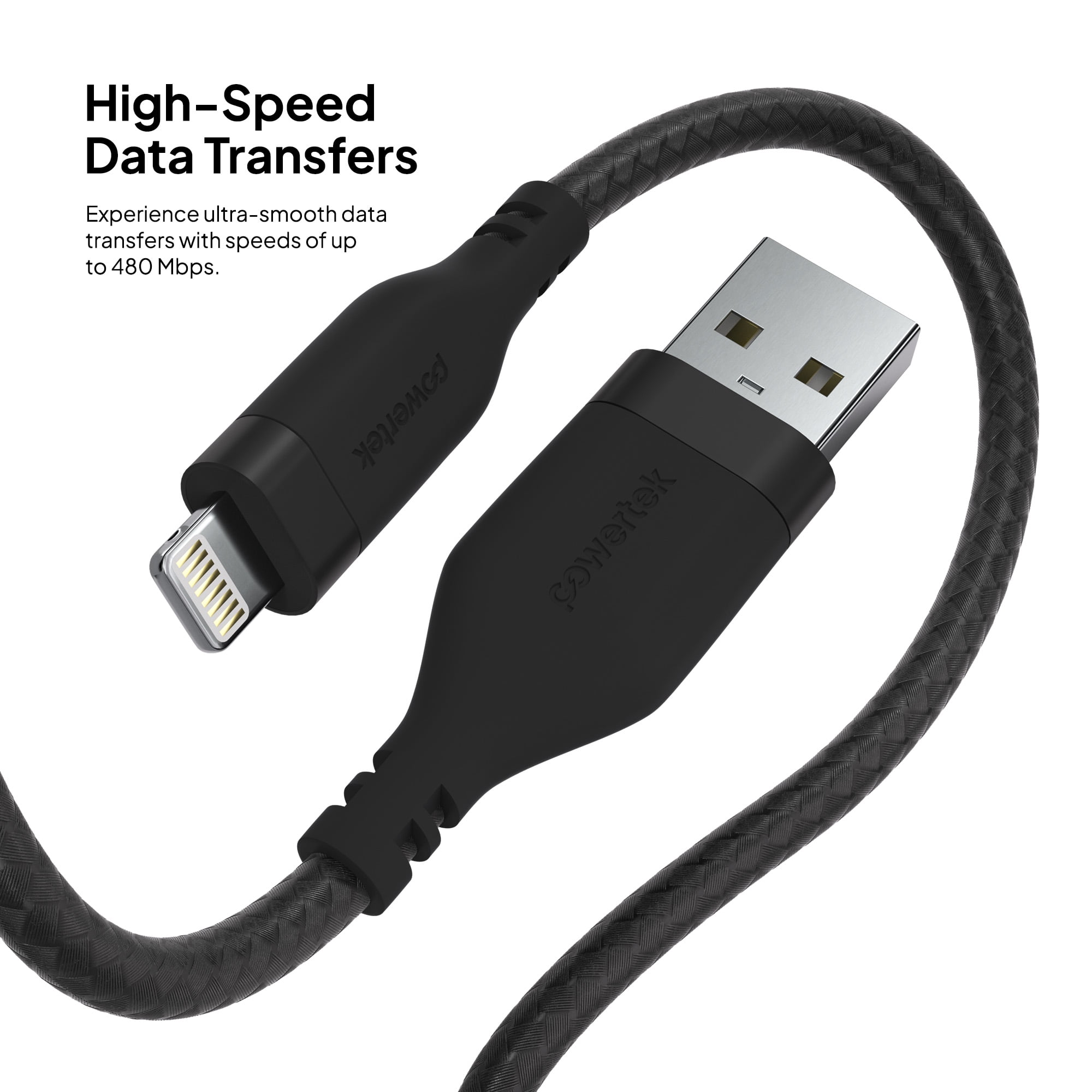 Powertek MFi Certified USB-A to Lightning Charging Cable, Carbon Design Texture, 6 ft, Black