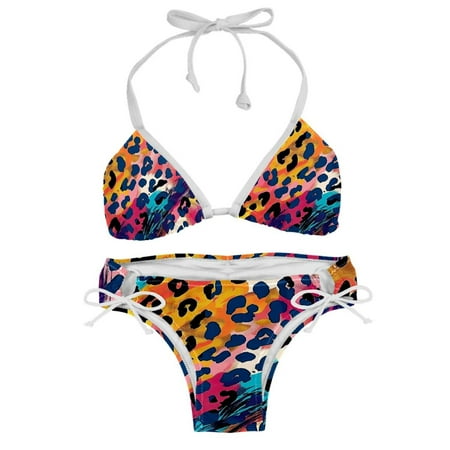 Watercolor Colorful Leopard Print Women s Side Tie Hipster Triangle Bikini Bathing Suits Swimsuits L