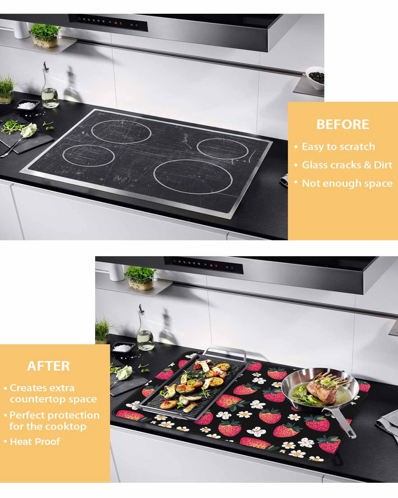 nqOlkjepod Large Induction Cooktop Protector Mat 24"x21", Strawberry Stove Top Covers for Electric Stove, Black Spring Summer Rustic Floral Fruit Stove Burner Cover Mats, Glass Top Stove Cover