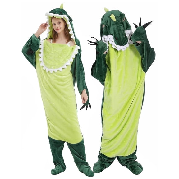 Shark Blanket Hoodie Onesie, Green Wearable Sleeping Bag for Adults, Soft Cozy Costume, L
