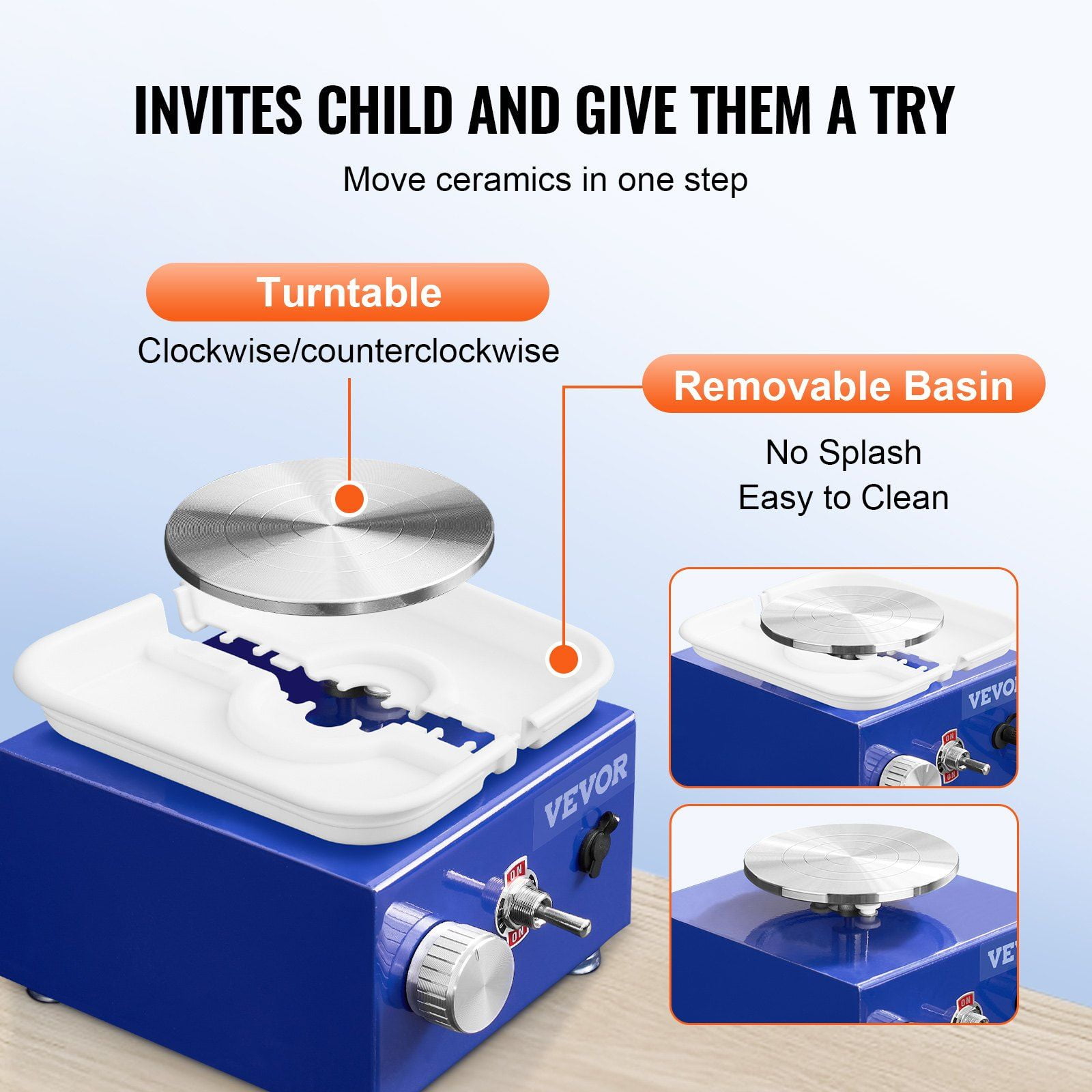 Mini Pottery Wheel for Kids Beginners 2 Turntables 2.6in 3.9in Ceramic Wheel Machine Adjustable 0-300RPM Speed ABS Detachable Basin 17 Pottery Accessories DIY Craft Art 30W Blue