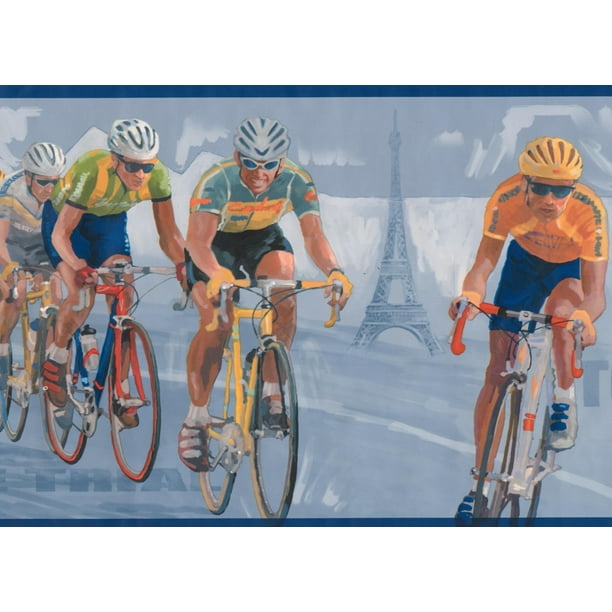 Vintage Tour de France Vélo Course Cerulean Bleu Sport Papier Peint Bord Rétro Design, Rouleau 15' x 9''