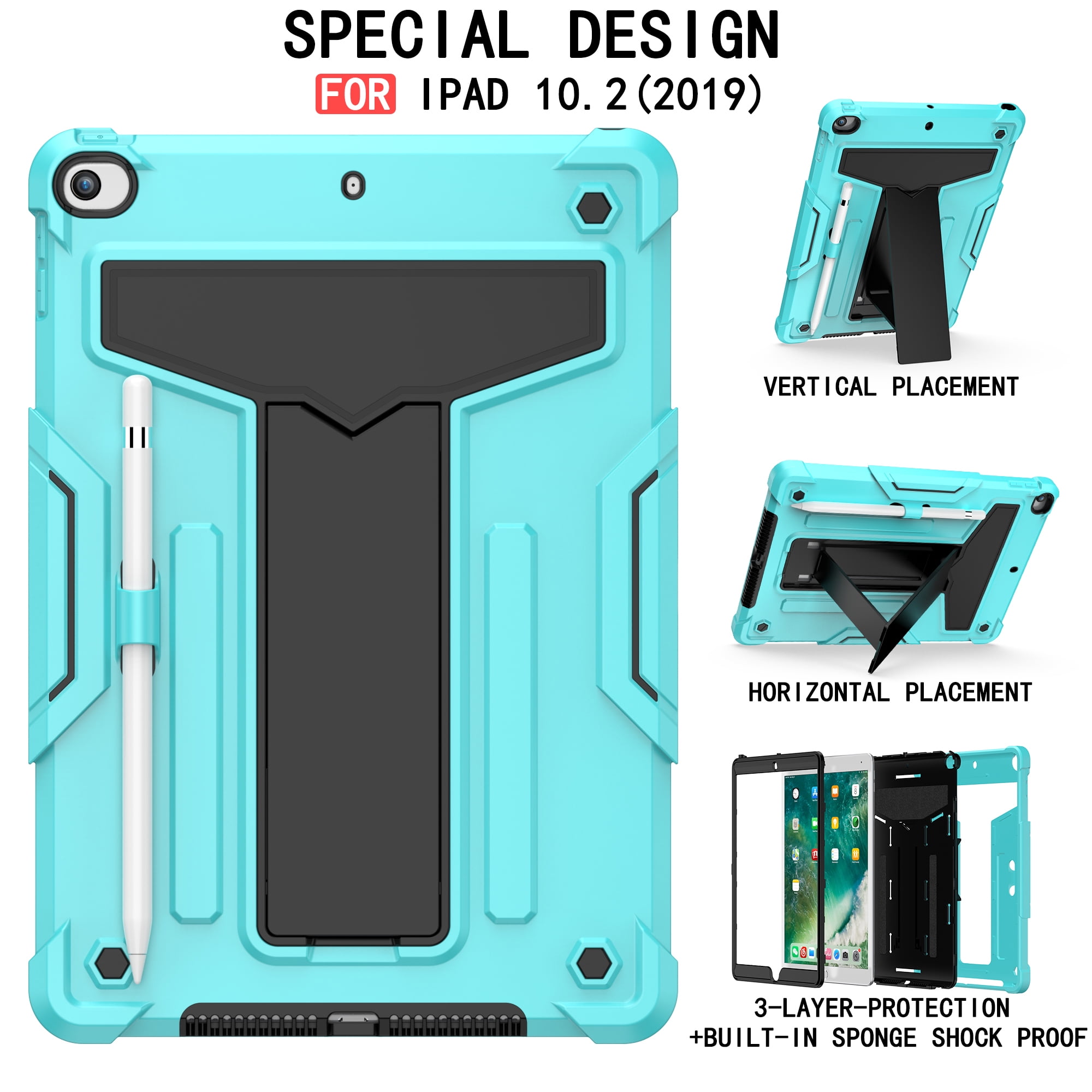 Allytech iPad 7th Generation Cases, iPad 10.2" 2019 Case Heavy Duty Hybrid PC + Silicone Drop