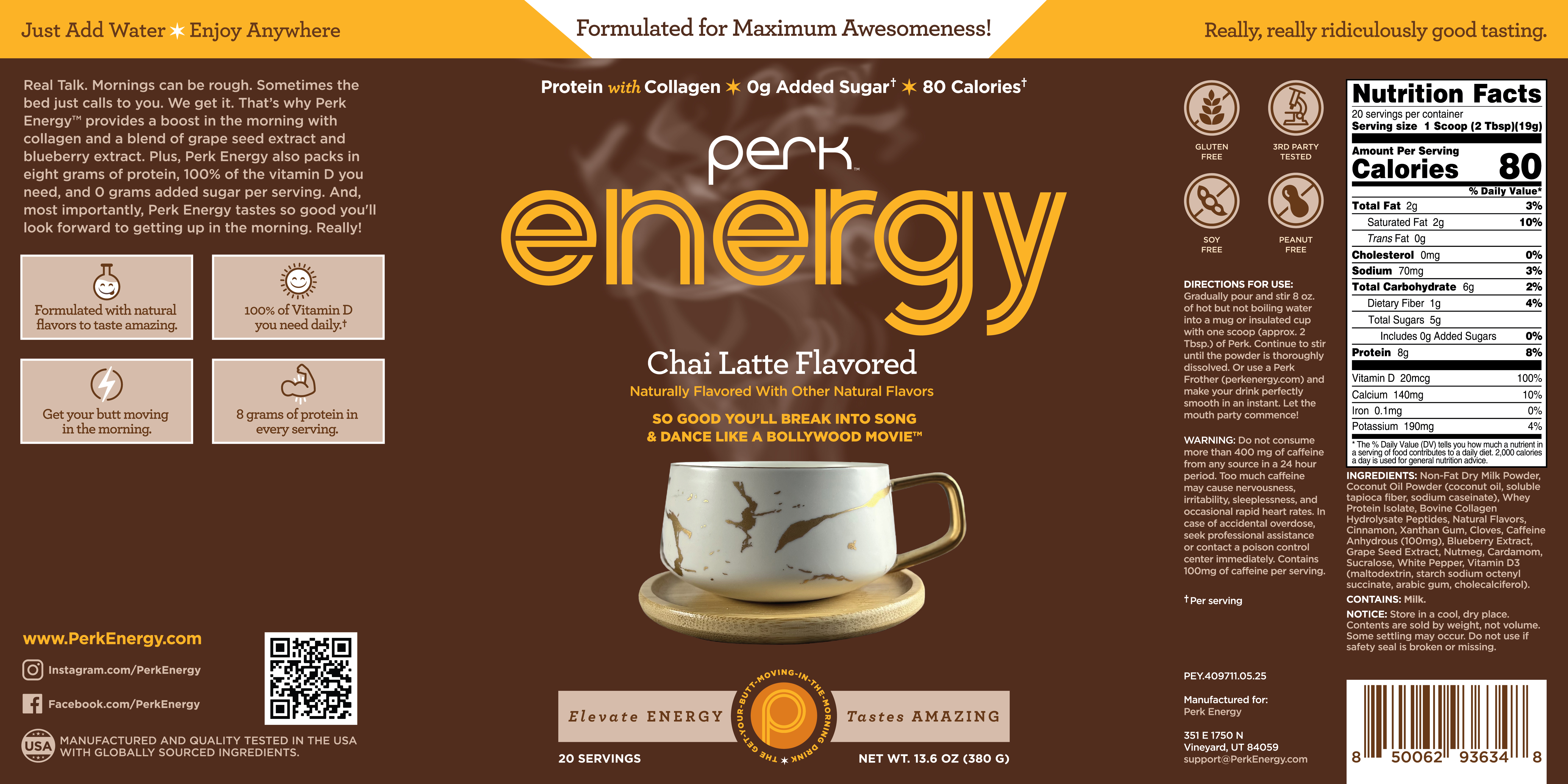 Perk Energy Drink Mix (Chai Latte) 20 Servings - Caffeinated Healthy Coffee Alternative with Protein, 100mg of Caffeine, Gluten-Free, Soy-Free