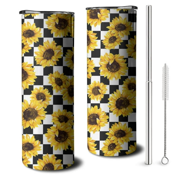 20oz Checke Sunflower Skinny Tumblers Stainless Steel Tumbler with Lid and Straw,Vacuum Insulated Double Wall Travel Tumbler Cups with Cleaning Brush for Coffee,Tea