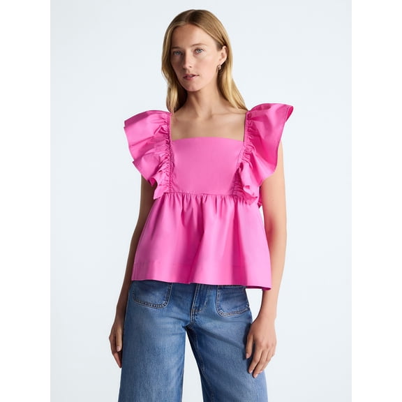Free Assembly Women's Square Neck Cotton Top with Flutter Sleeves, Sizes XS-XXL