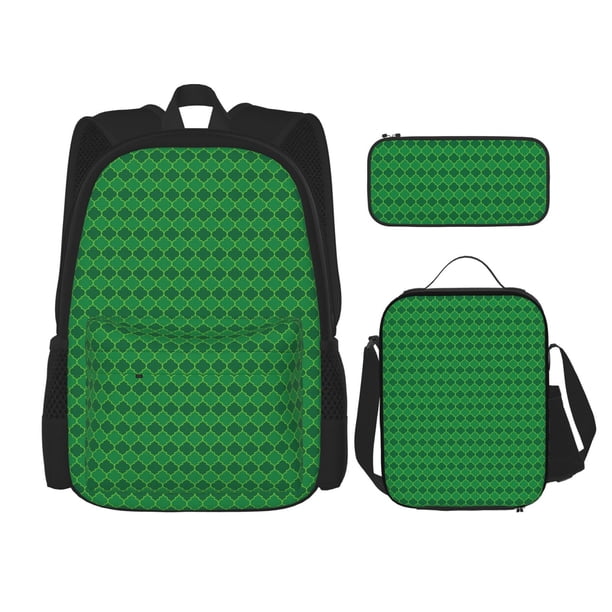 Easygdp Green St. Patrick’s day Mochila para Niños y Niñas con Set de Caja de Almuerzo y Estuche para Lápices 3 en 1, Mochila Escolar Estampada para Adolescentes