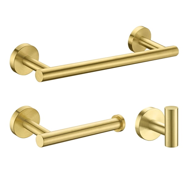 Nolimas Juego De Accesorios De Baño De 3 Piezas De Oro Cepillado Sus304 De Acero Inoxidable Redondo Montado En La Pared Incluye Barra De Toalla De Mano De 12.0 In, Soporte Para Papel Higiénico, Gancho