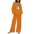 thumbnail image 3 of QIUOMBBP Womens 2 Piece Outfit Fall Clothes Halloween Ghost Print Long Sleeve Crew Neck Tops Matching Wide Leg Pants Loose Casual Sweatsuit Sets, Orange, XXXL, 3 of 5