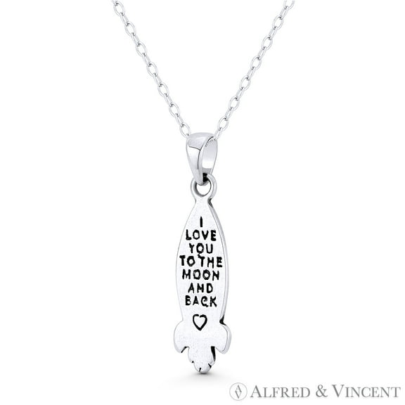 I Love You To The Moon & Back on Rocketship Charm 27x7mm (1.1x0.3in) Pendant & Chain Necklace in Oxidized .925 Sterling Silver
