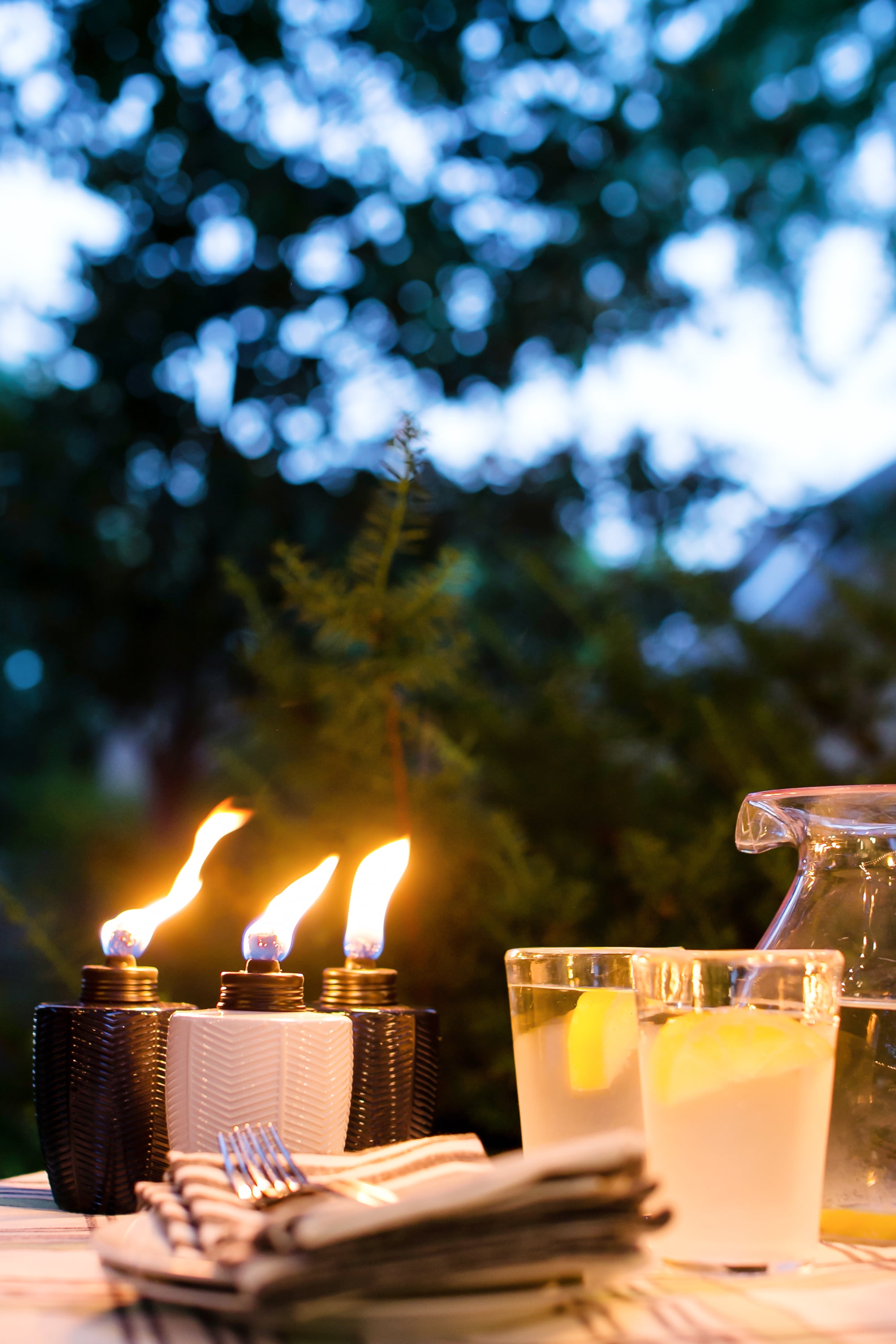 TIKI 3-Pack Glass Tabletop Torches, Ivory, Herringbone Design, Citronella Torches for Patio and Garden