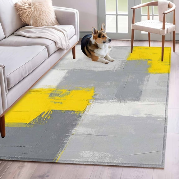 Area Rug for Living Room, Yellow Grey Non-Slip Indoor Large Carpet for Bedroom/Dining Room, Abstract Geometric Oil Painting Vintage Gradient Washable Rectangle Floor Runner Rugs - 4 x 6 Ft
