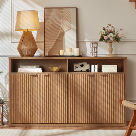 LELELINKY Farmhouse Kitchen Buffet Storage Cabinet 4-Doors & 2 Large Open Space Wood Sideboard Credenza with Adjustable Shelves Brown