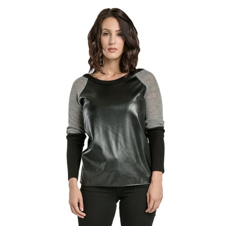 - Miss Halladay women Fine Gauge Raglan Long Sleeve Sweater Vegan Leather Color Block Front