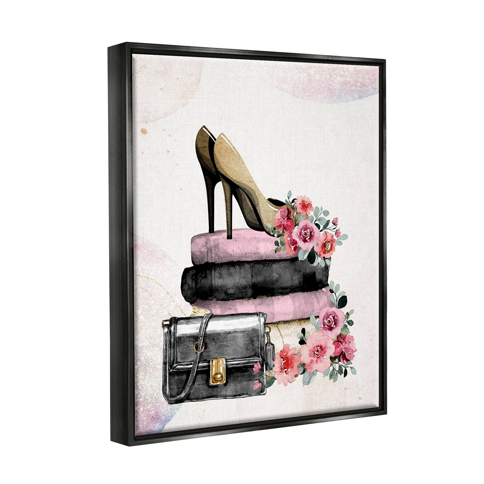 Stupell Industries Glam Floral Heels Botanical & Floral Painting Black Floater Framed Canvas Art Print Wall Art, 25 x 31