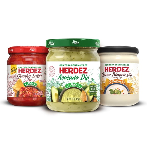 HERDEZ Salsa and Dip Variety Pack, Chunky Salsa Mild, Queso Blanco Medium, Avocado Dip Medium, 15oz, 3 Count