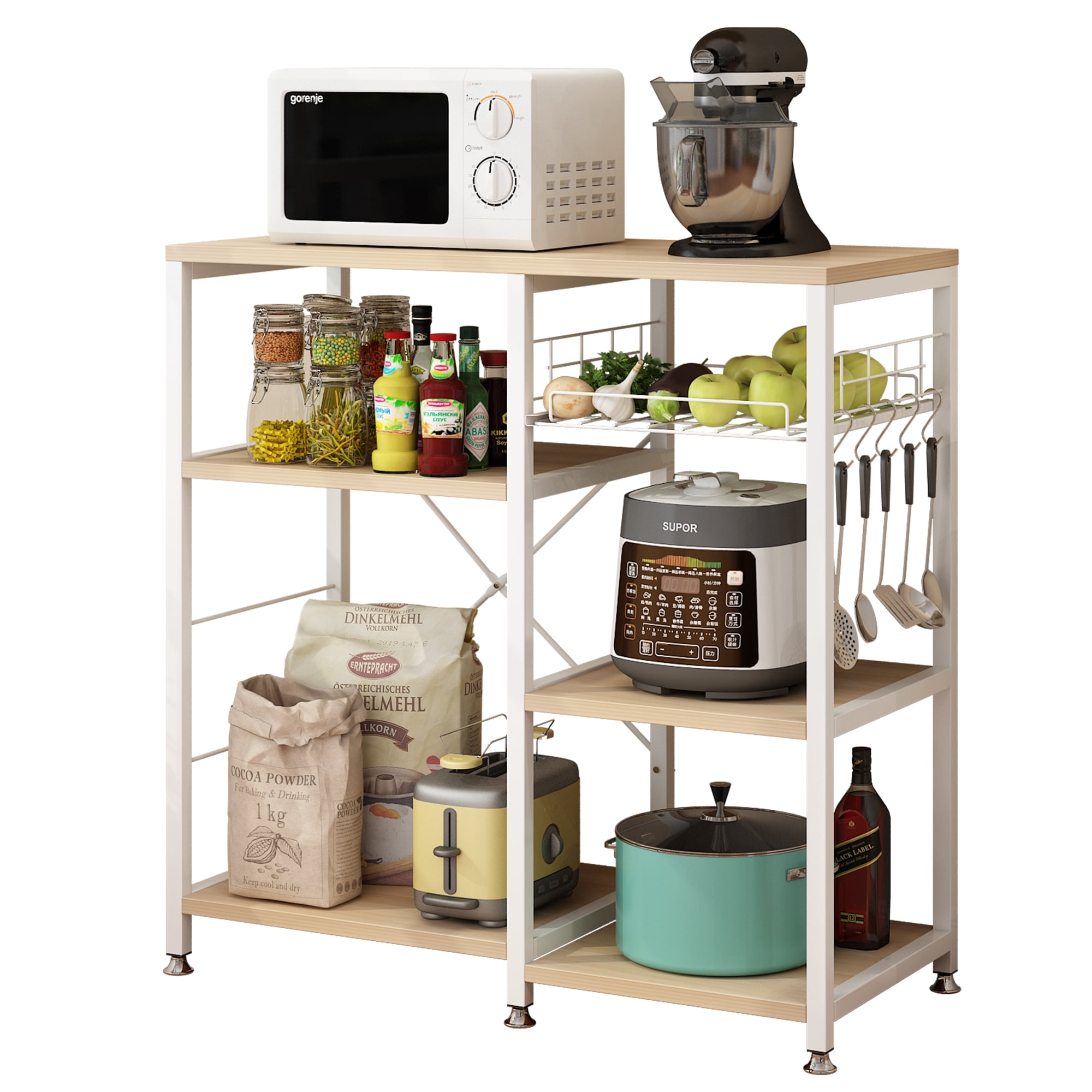 4-Layer Microwave Oven Rack with Pull-Out Basket, X-Shaped Back Bracket, Floor-Standing Kitchen Storage Shelf, White Oak, 35.4 x 15.7 x 33 in