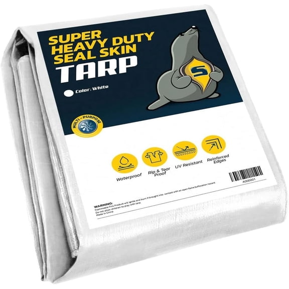 Seal Skin Heavy Duty White Waterproof Tarp,16 Mil Thick, UV & Tear Resistant 12' X 16'
