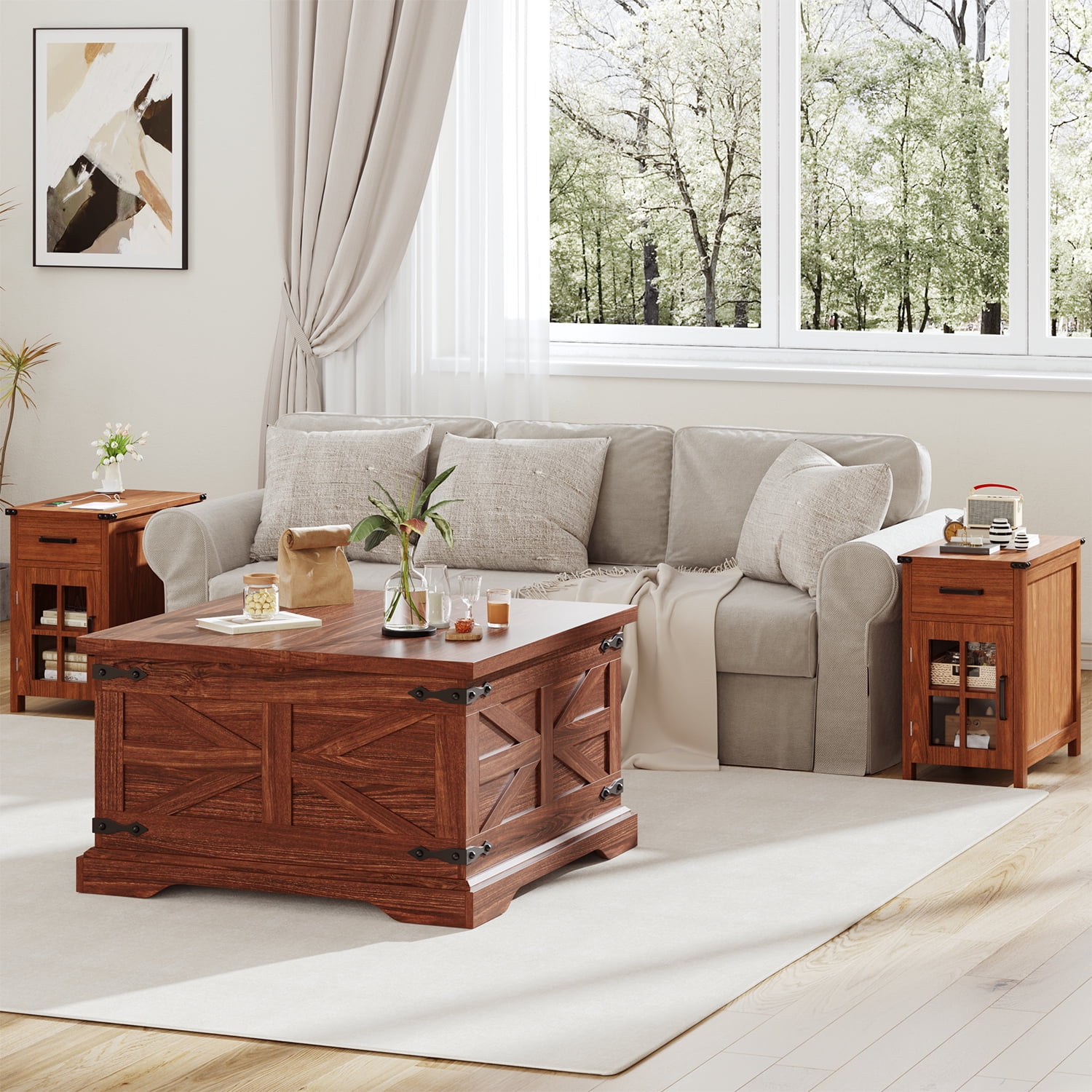 Winkalon Modern Farmhouse Coffee Table, Square Wood Center Table with Large Storage Space,Cherry