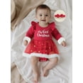 thumbnail image 5 of BemeyourBBs Newborn Baby Girl Christmas Outfit Velvet Santa Romper Dress Bow Embroidery Long Sleeve Smocked Tutu Dress Headband 2 Piece Set, 5 of 9
