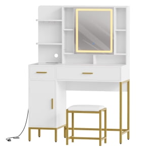 1 Iron, Mdf, Mirror, Led Light Hook Dressing Table With Stool