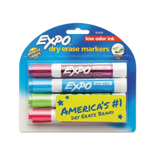 Low-Odor Dry-Erase Marker Broad Chisel Tip, Assorted Colors, 4/Set