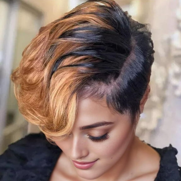 ZHXXCUM Picture Color Gradient Side Bangs Black Mixed Brown Short Curly Hair Headpiece Wig