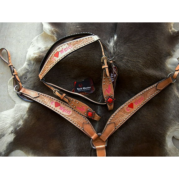 Horse Western Riding Leather Bridle Headstall Breast Collar Tack Pink 7652