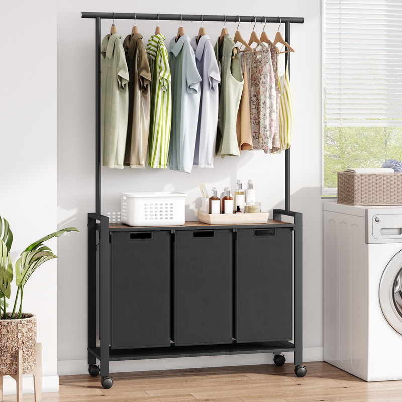 Towallmark Large 3 Section Laundry Hamper, Rolling Hanging Clothes Rack With Removable Sorting Bags, Wheeled Organizer For Laundry Room Bathroom Bedroom, Black