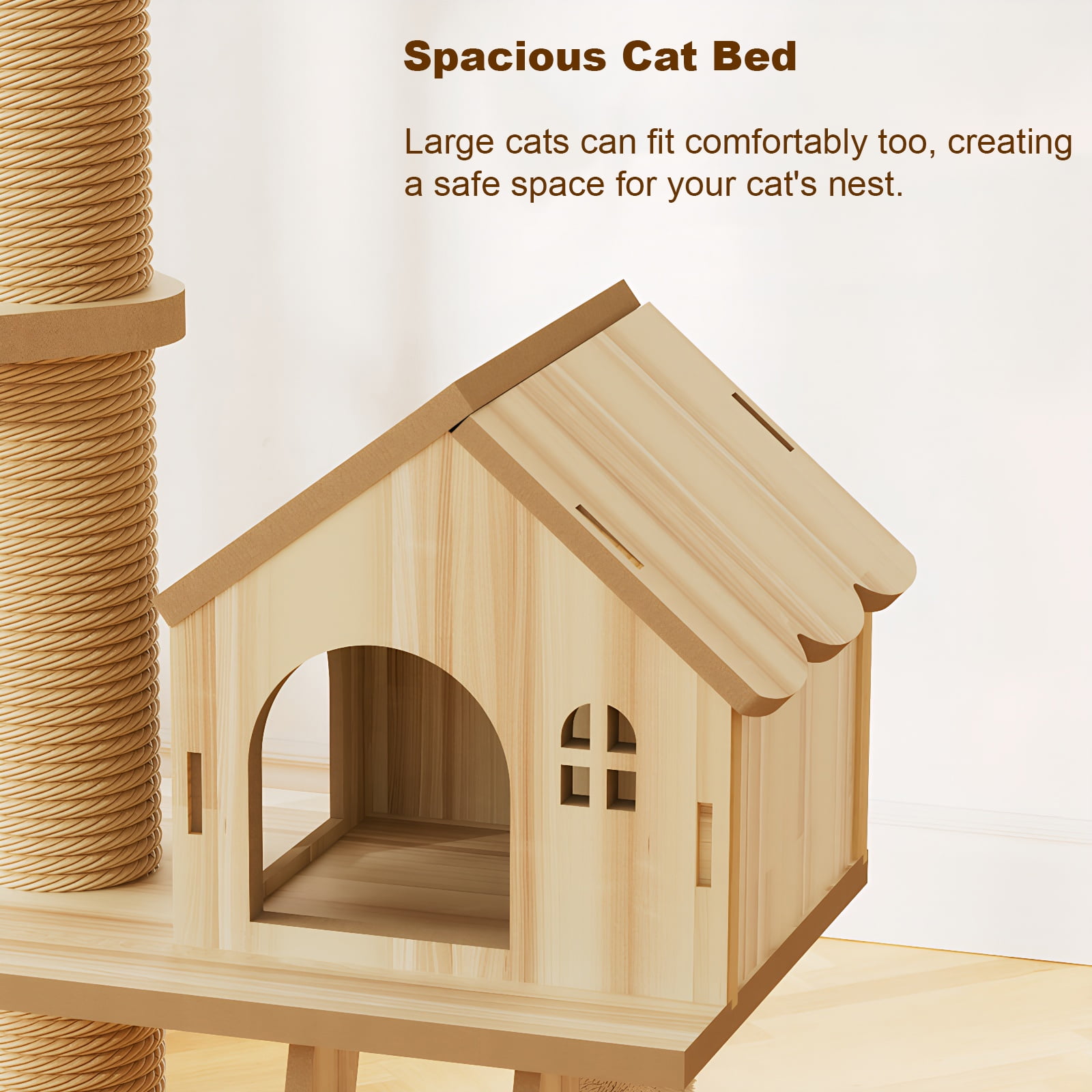 Villeston Floor to Ceiling Cat Tree with Scratching Post, Adjustable Height(98-110 Inch), Large Wood Condo Cave Bed and Hammock, Modern Cat Activity Tree