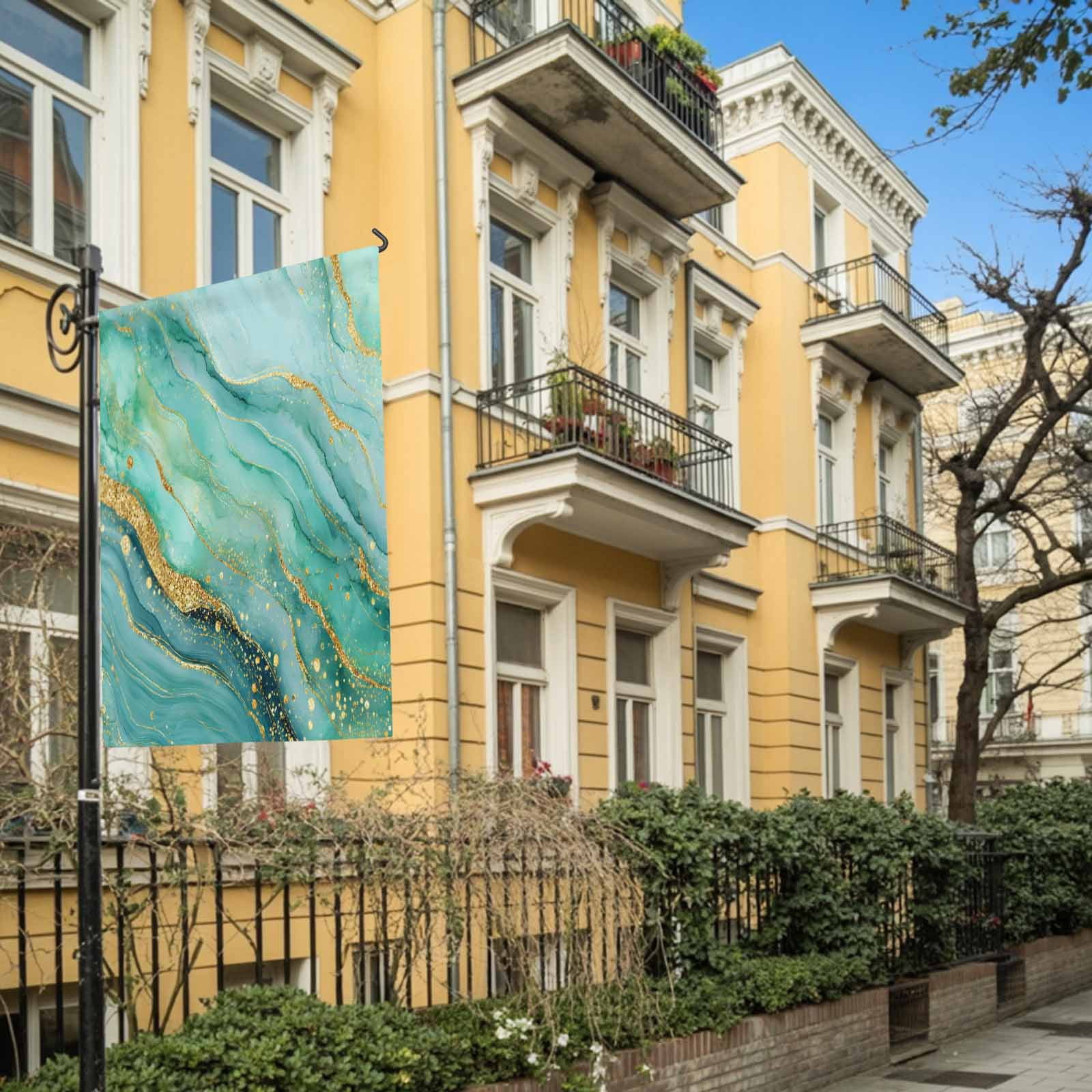 Turquoise Marble House Flag 28 x 40 Inches, Luxurious Abstract Teal Gold Water Ripples Weather Proof Outdoor Patio Flags Double Sided Small House Decoration for Yard Lawn Outside Home