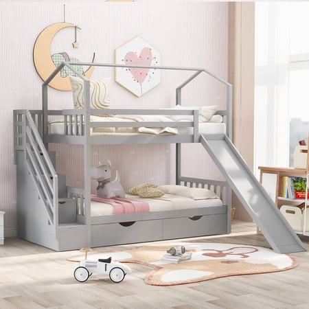WM Store Twin over Twin House Bunk Bed with Two Drawers and Slide Storage Staircase Gray