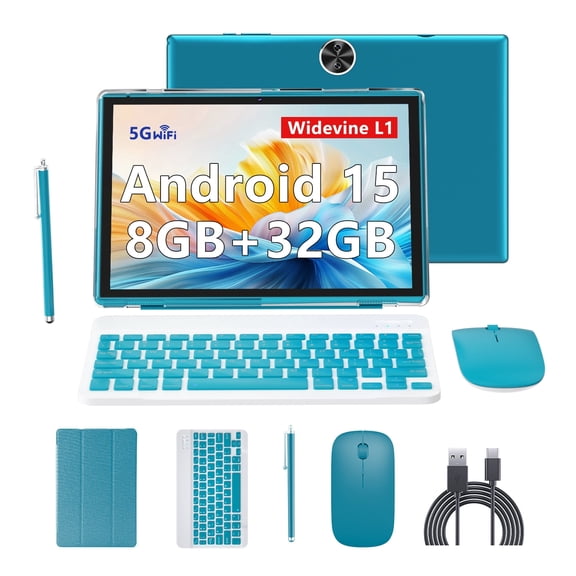 BYANDBY Android 15, 2 in 1 Tablet with Keyboard, 10 inch Tablets, 8GB 32GB/2TB Expand, 2.4G 5G Wi-Fi 6, Dual Camera, 6000 mAh, BT, GMS, Games, with Case (Green)