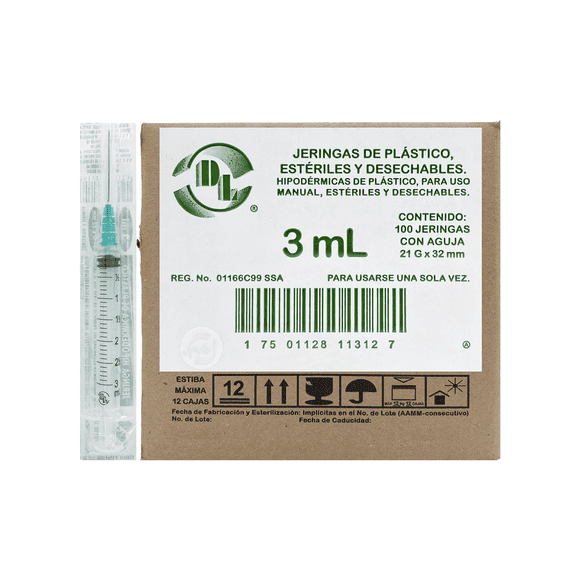 Jeringas De Plástico Dl 3 Ml Con Aguja 21g X 32mm 100 piezas