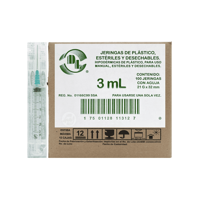 Jeringas De Plástico Dl 3 Ml Con Aguja 21g X 32mm 100 piezas