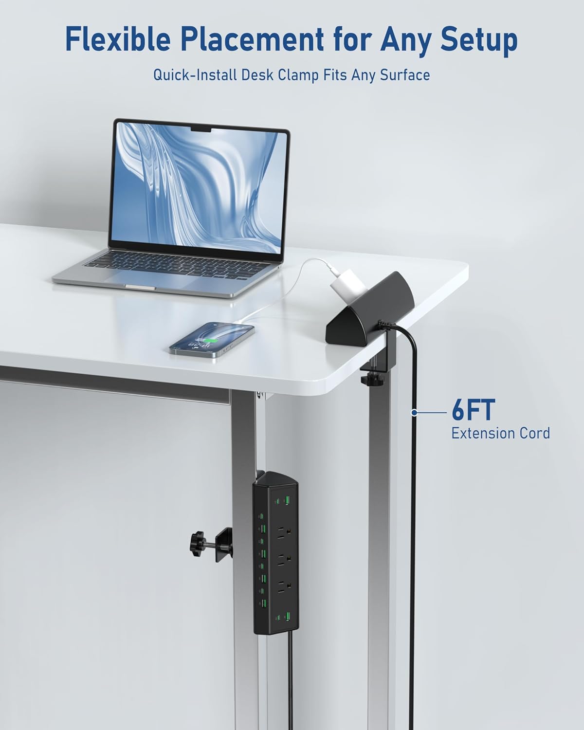 Desk Clamp Power Strip 90W, 12 USB Ports Charging Hub with 6 PD 45W USB-C, Surge Protector, ETL Listed Fast Charging Extension for Office, Home & Workstation