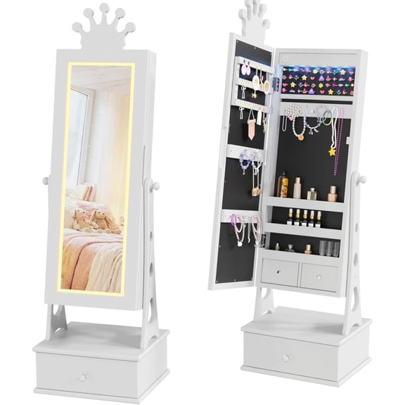 Kids Jewelry Armoire Cabinet, Standing Jewelry Organizer with Full-Length Mirror, 3 Storage Drawer, Kids Vanity Dress Up Mirror Jewelry Cabinet for Girls
