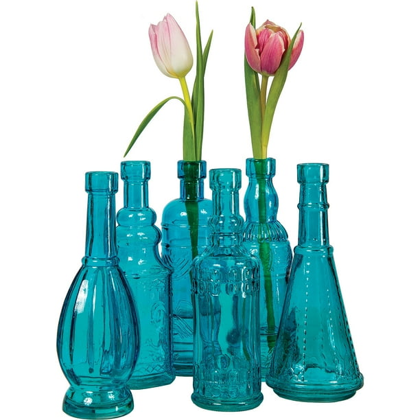 Luna Bazaar Small Vintage Glass Bottle Set (7Inch, Sierra Design