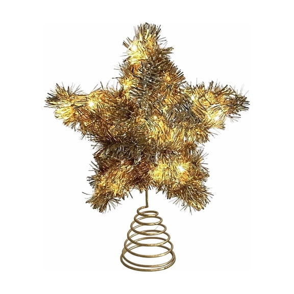 Homellea Lighted Tinsel Star Christmas Tree Topper, Battery Operated LED Five Point Star with Spring Base for Xmas Tree Top, Holiday Party, Living Room, Mantel and Indoor Home Decor