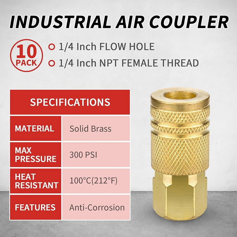 1/4-Inch Brass Female Industrial Coupler,10 Pack Quick Connect Air Couplers NPT Internal for Air Hose Accessories