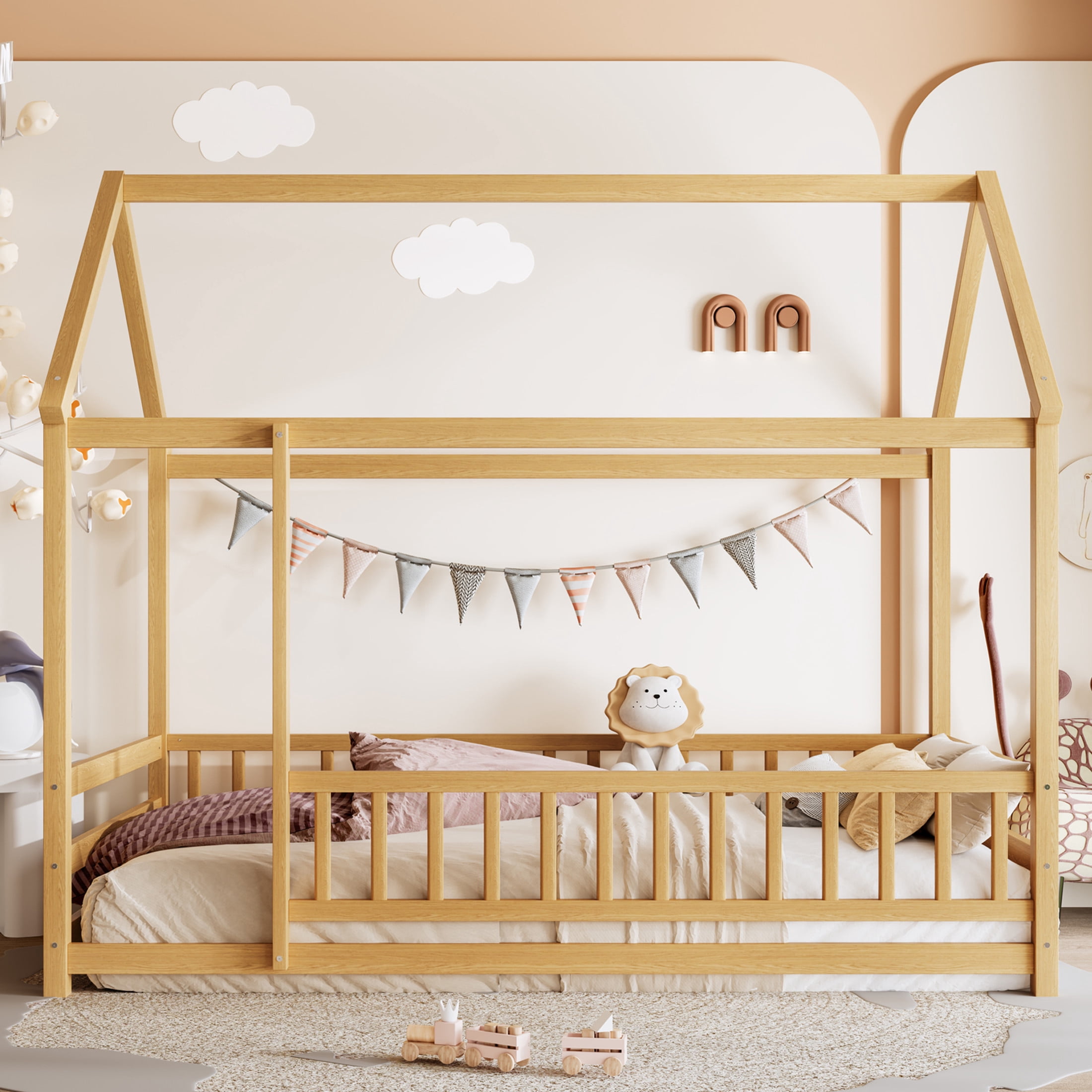 Noble House Twin Size Montessori Floor Bed with House Roof Frame and Safety Guardrails, Natural