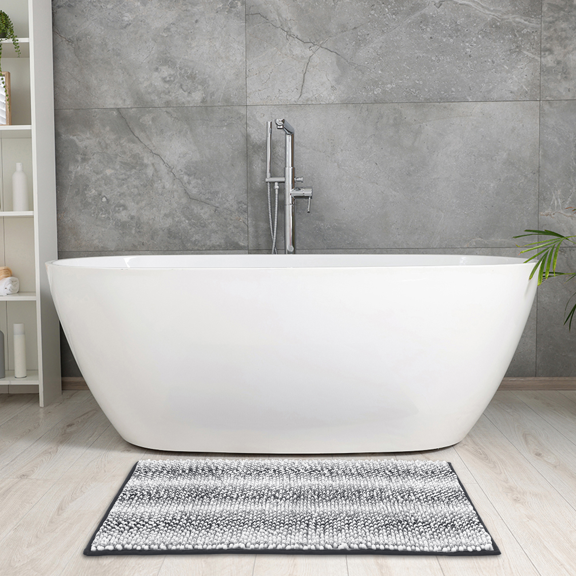 Unique Bargains Chenille Bathroom Rug Absorbent Non-Slip Striped Plush Shaggy Bath Rugs Dark Grey 20" x 32"