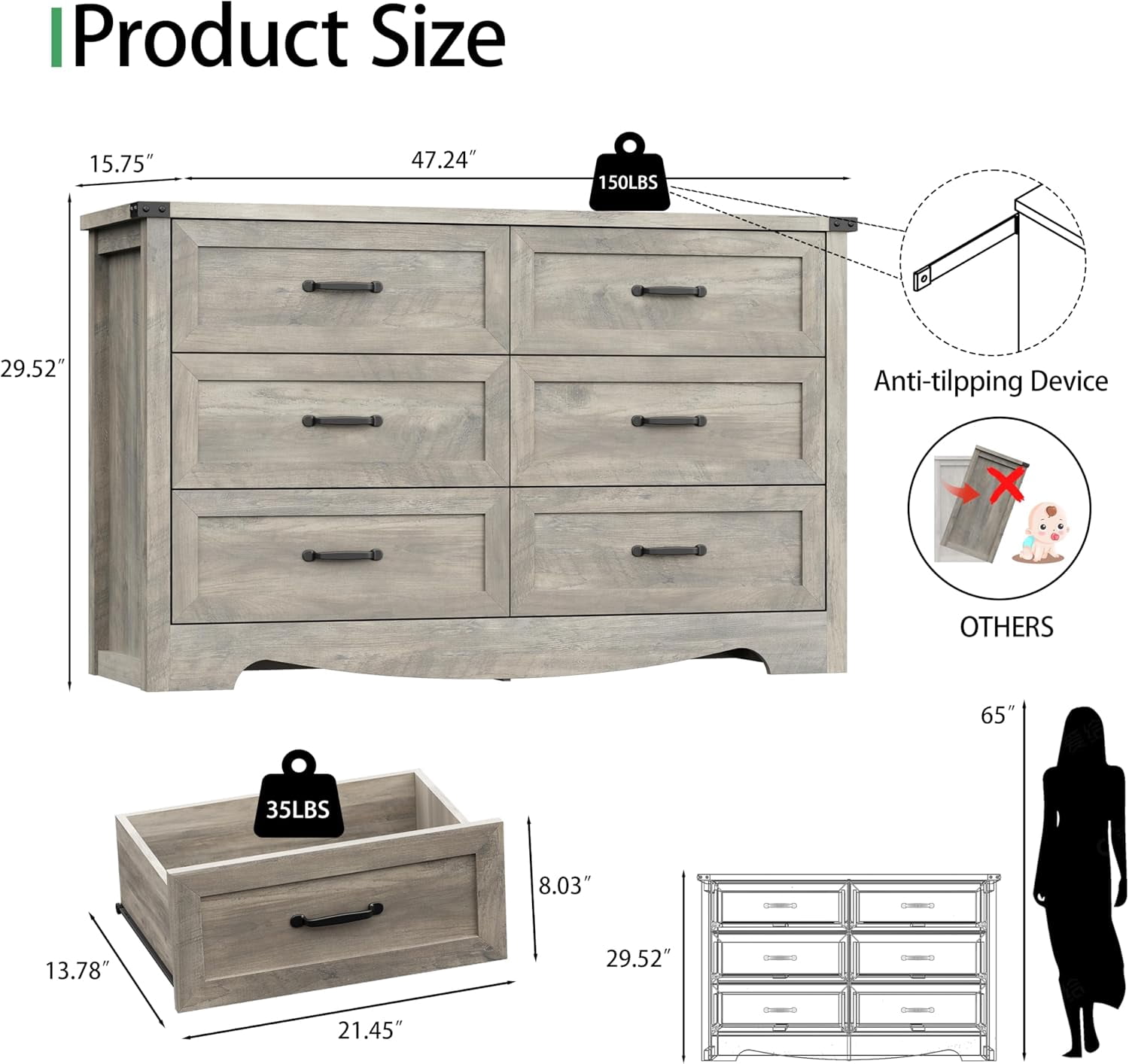 FANRAL 6 Drawers Dresser for Bedroom,Modern Wooden Chest of Drawers,Storage Organizer Dresser for Closet,Wood Dresser