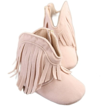 

Baby Boys Girls Boots Infant Cowboy Tassels Short Bootie Soft Sole Snow Boots with Ankle Side Zipper for Winter Beige